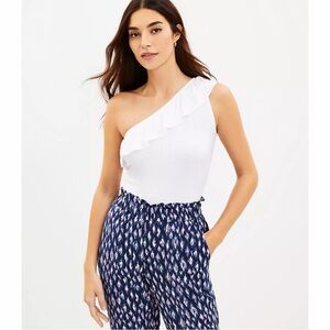 LOFT NWT White Ribbed Ruffle One Shoulder Sleeveless Top M